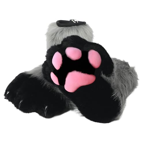 ZFKJERS Cosplay Tierkatze Kunststoffkrallen für Fursuit Füße Pfotenschuhe Pelzige Pfotenpantoffeln Erwachsene Kostüm Zubehör Set (Grau)