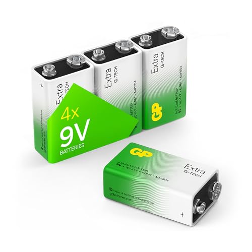 GP Extra Alkaline 9V Blockbatterie Longlife | 9V Batterien mit hoher Energiedichte | 4 Stück Blockbatterien 9 Volt für Rauchmelder etc. | Neue G-TECH Technologie