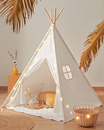 Tiny Land Tipi Zelt für Kinder, Drinnen Tipi Spielzelt für Kinder mit Gepolsterter Decke & Lichterkette &Aufbewahrungstasche, Segeltuch Kinderzelt, Spielhaus Kinder für Drinnen und Draussen