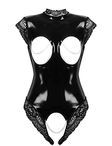 Freebily Damen Wetlook Body Brustfrei Latex Catsuit Kleid Ouvert Lackleder Bodysuit Nachtwäsche Pole Dance Nachtclub Outfit Schwarz XL