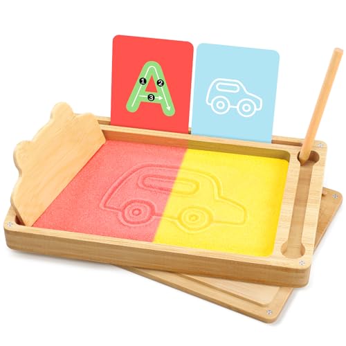 Pourbibi Holz Montessori Sand Schreibtafel Kinder Spielzeug, Buchstaben Lernen und Zeichen Spielzeug, Lernspielzeug Geschenke für Kinder ab 3-6 Jahre alt Junge Mädchen Geburtstag Weihnachten Geschenk