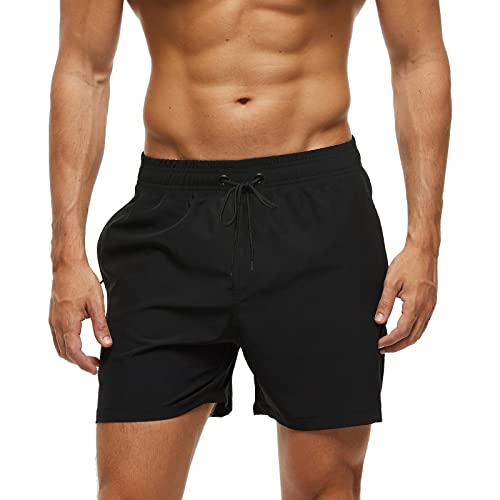 Aisprts Badehose Herren, Badeshorts mit Reißverschlusstaschen für Herren Schnell Trocknende Wasserabweisend Herren Badehose mit Tunnelzug Meshfutter Schwimmhose Männer, T1 Schwarz, M