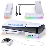 MENEEA Horizontaler Ständer Nurfür PS5 Slim Pro Konsole mit 4-USB Port Hub & 14 RGB Lichtmodi, Seitenständer mit P5 Controller Lade Daten Port, Basis Halter Zubehör für Playstation 5 Disc & Digital