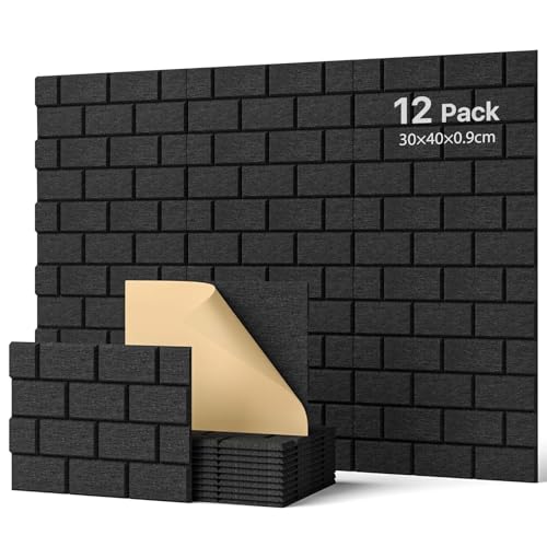 Soundsbay Akustikplatten selbstklebend 12 Stück, Schallschutz Wand Rechteckiger Ziegeltyp Schallschutzplatten, Akustikpaneele für Akustische Behandlung und Wanddekoration 30x40x0.9cm (Schwarz)