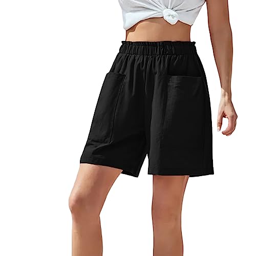 Sommer Hosen Damen Locker Kurz Lässige, solide Damen-Sporthose, Shorts, elastische Taille, Taschen, Alltagshose wear Hose Damen Hose Kurz für Schlafen Freizeitaktivitäten (Black, M)