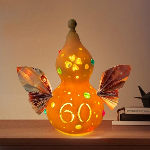 Coole Geschenke 60 Geburtstag, Seutgjie Deko 60. Geburtstag Frau Mann Geldgeschenke Handgeschnitzte Natürliche Kürbis mit Wiederaufladbare LED-Leuchten