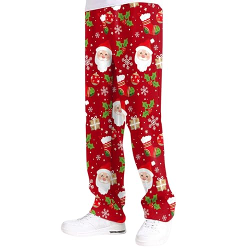 Herren-Weihnachts-Freizeithose, spezielle Verbundschicht, Schneemann, Schneeflocke, Weihnachtsmann, Weihnachtsbaum, Bedruckte Freizeithose Karo Hose Herren Gerade Hip Hop Herren Chino Hose (Red, XL)