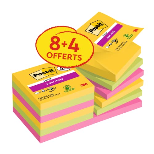 Post-it Super Sticky Z-Notes Carnival Collection, Vorteilspackung mit 8 Blöcken + 4 Gratisblöcke, 90 Blatt pro Block, 76 mm x 76 mm, Gelb, Grün, Pink - Für Notizen, To-Do-Listen & Erinnerungen, Mittel