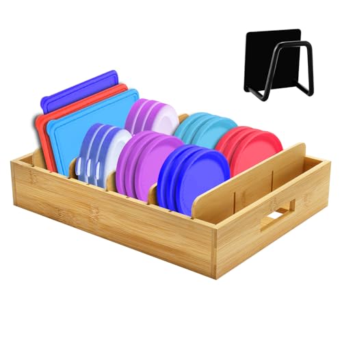 YIYADI Bambus Topfdeckelhalter,Deckel Organizer Küche mit 5 Verstellbaren Trennwänden und Mit einem Schwammtropfgestell,Lid Organiser Kitchen,Bamboo Lid Organiser für Küche,Bad,Zimmer