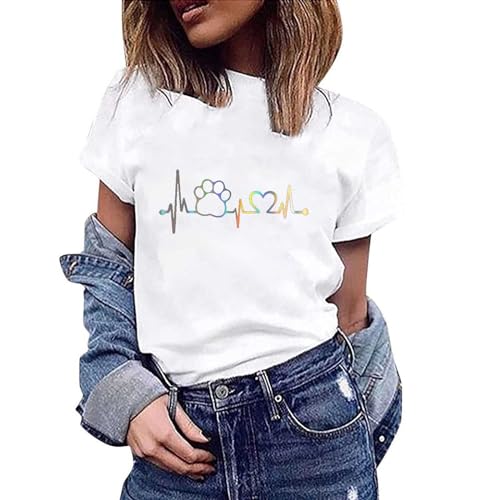 Longbluse Damen Lässig für Leggings Sommer Weißes Tshirt Blusen & Tuniken für Damen Sommerlich Kurzarm T-Shirt Oberteile Bluse mit Aufdruck Bunte Blumen Party Rundhals Tee Tops Pullover Shirt Tunika