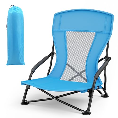 WildFun Tragbarer Faltbarer Strandstuhl mit Tragetasche, hohe Netzrücken Strandstühle für Erwachsene, Stuhl für Outdoor, Camping, BBQ, Reisen, Festival Strand, Picknick