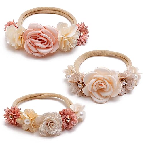 XPEX 3er-Pack elastische Baby-Stirnband-Haar-Accessoires, Perlen-Strass-Baby-Stirnbänder, Haar-Accessoires für Neugeborene und Kleinkinder, Baby-Mädchen-Nylon-Blumen-Stirnbänder