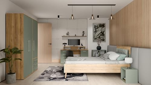 M Möbel-Direkt Deutschlands schnelle Möbel Jugendzimmer Salbei Mauvella Eiche – 5-teiliges Kinderzimmer Komplett-Set | Kleiderschrank, Jugendbett 120x200 cm, Schreibtisch, kleines Regal, großes Regal