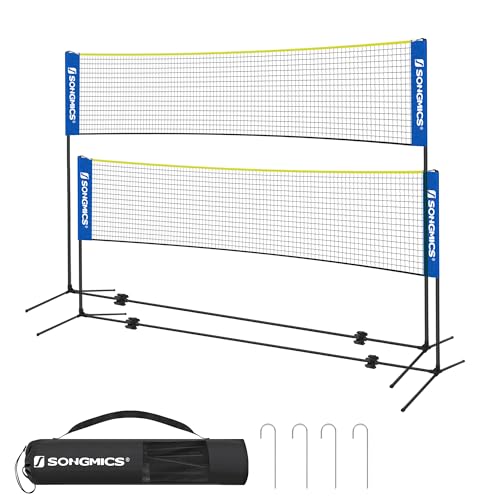 SONGMICS Badminton-Netz, 4 m, Volleyballnetz, höhenverstellbare Stangen, tragbares Set für Tennis, Beach-Volleyball, für Garten, Park, Outdoor, Blau und Gelb SYQ400Q02