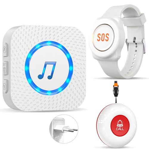 ChunHee Notrufknopf für Senioren Senioren Notruf Armband Notrufarmband für Senioren Funkalarm Sender und Empänger SOS Alarm Kabellos für Pflegebedürftige Mann (1*empfänger + 1*Uhr +1*knopf.)