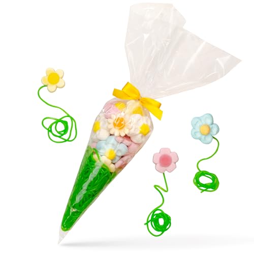 Blumenstrauß in der Tüte – leckere Fruchtgummi-Schnüre, Marshmallow-Blumen und Fruchtgummi-Blumen in der Süßigkeiten-Tüte, schönes Geschenk