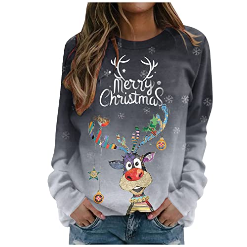 YunYoud Damen Weihnachten Sweatshirt O Ausschnitt All Match Tunika Bluse Mode 3D Drucken Winter Classic Sweatshirt Langen Ärmeln Casual Basic Pulli Tops Loose Fit Sweater Pullover