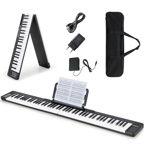 KOMFOTTEU Faltbares Keyboard 88 Tasten, Digitales Piano mit MIDI Funktion & Bluetooth, elektronische Klaviertastatur tragbar inkl. Klaviertasche, E-Piano schwarz für Anfänger