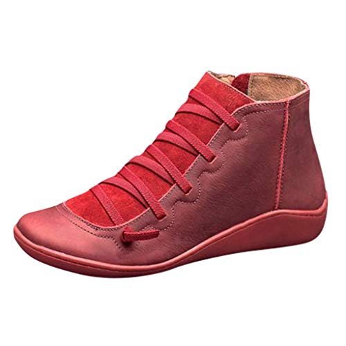 WILLBEST Round Lace-up Toe Lässige Seite Flache Lederschuhe für Damen mit Reißverschluss Stiefel Stiefel Retro-Damenstiefel Kinder 28 (a-Red, 41)