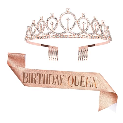 Geburtstags Krone und Schärpe, Geburtstags Kristall Tiara Strass Kronen, Roségold Birthday Queen Schärpe für Frauen, Geburtstag Partyzubehör Birthday Sash and Crown Set