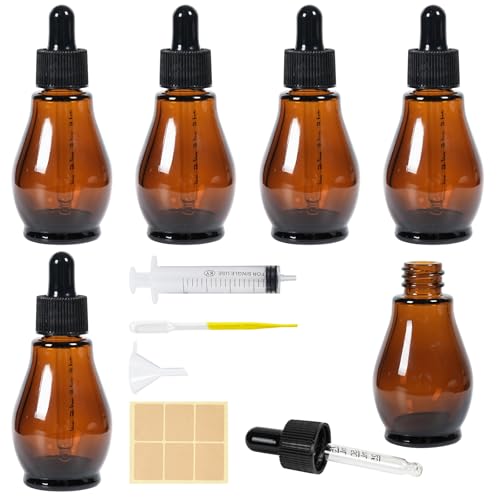 Nadisean 6 Stk Pipettenflasche Glasflasche 30ml, Apothekerflasche Birnenform Braunglasflasche Set mit Tropfenpipette, Glas Tropfflasche mit Trichter Aufkleber & Etikett für Ätherische Öl Parfüm