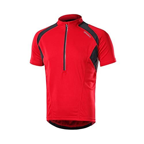 BERGRISAR Herren Radtrikot Fahrradtrikot Kurzarm, Halbem Reißverschluss MTB Mountainbike Trikots T Shirt 3+1 Taschen BG060, Rot, Groß