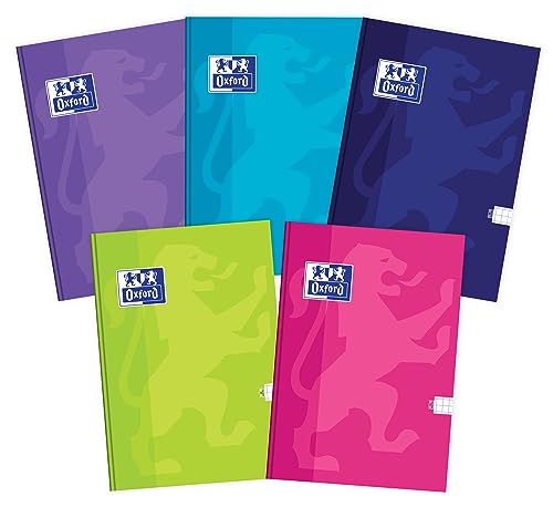 Oxford Notizbuch Kladde A4, 96 Blätter kariert, 5 Stück-Packung, Farbenmix