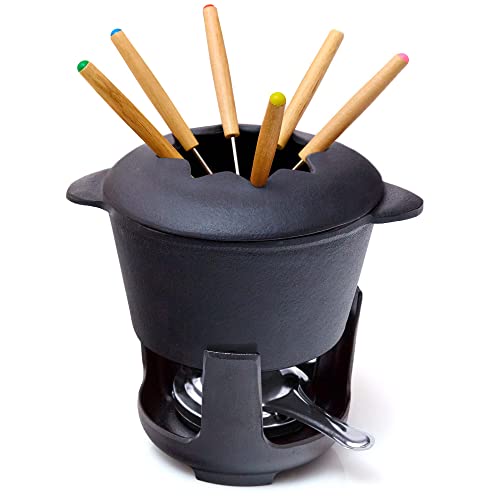 Bonvivre Gusseisen Fondue Set für 6 Personen - 1 Liter - Fondueset 13-teilig mit Brenner und 6 Gabeln - mit Emaille-Beschichtung - geeignet für Käsefondue Schokofondue Fleischfondue Gemüsefondue
