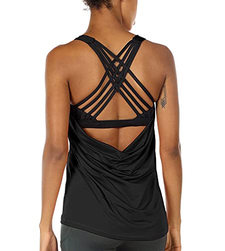 icyzone Damen Sport Tops mit Integriertem BH - 2 in 1 Yoga Gym Shirt Fitness Training Tanktop (S, Black)