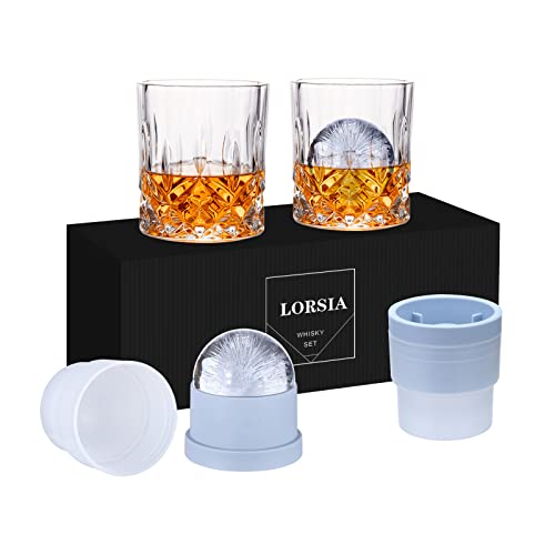 Whisky Gläser, 4er Set (2 Kristallgläser, 2 große Eiskugelformen) in Geschenkbox – 300 ml Whiskey für Scotch, Cocktail, Rum, Bourbon, Cognac, Wodka und Likör – Einzigartige Geschenke für Männer