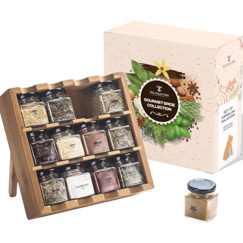 Tilz Gewürzset Holz Gewürzregal mit Gewürzen inklusive Freistehende Nachfüllung Kräuter-Gewürzmischung mit 12 Gewürzen zum Kochen Gewürzset Kleine Geschenke für Frauen