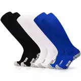 ELUTONG Fußballsocken Kinder, 3 Paar Unisex Fußballstutzen Trainingssocken Elastische Sportsocken, Bequem und Atmungsaktiv Sockenstutzen für Fußball Laufen Basketball 33-38(schwarz + weiß + blau)