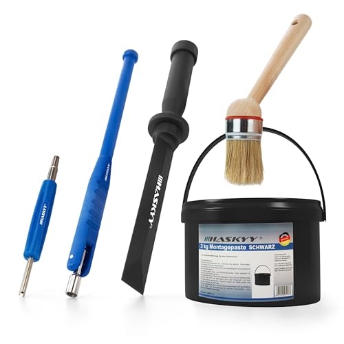 Reifenmontagepaste Set 3kg Montagepaste Schwarz Universal Reifenmontage Satz inkl. Pinsel, Ventileindreher, Schaber und Ventileinzieher - Reifenmontage Zubehör