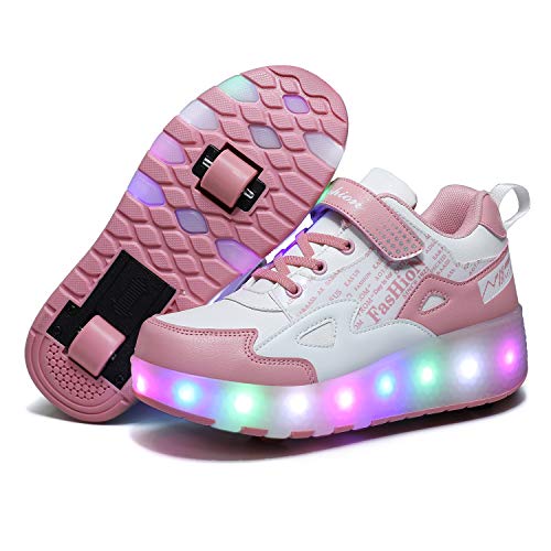 Unisex Kinder LED Licht USB Wiederaufladbar Skateboardschuhe mit Rollen Drucktaste Einstellbare Inline Skates Outdoor Sport Fitnessschuhe Gymnastik Running Sneaker für Jungen Mädchen