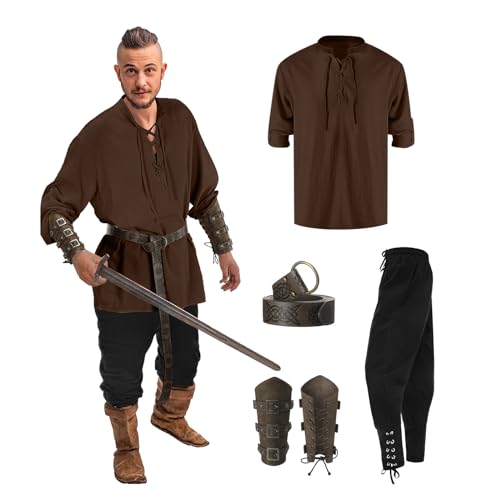 Mymyguoe Mittelalter Kleidung Herren Set 5 Stück Renaissance Kostüm Set Leinenhemd Viking Kostüm Schnürhemd Piratenhemd, Mittelalter Hose mit Knöchelriemen, Gürtel, Handgelenkschützer Zubehör