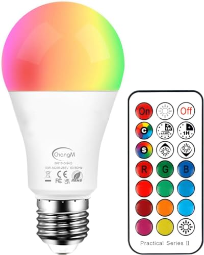 ChangM RGBW LED Lampen, 10W E27 LED Farbige Licht Leuchtmit RGB LED Leuchtmittel Dimmbar mit Fernbedienung, Farbwechsel Lampen LED Birnenmit 12 Farben+ Warmweiß