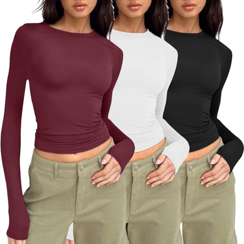 3er Pack Basic Langarmshirt Damen Eng Slim Fit Y2k Tshirt Crop Top Sexy Enge Bauchfreies Oberteile Lässig Rundhals Gym Sport Oberteil Top Teenager Mädchen Streetwear Long Sleeve Shirt