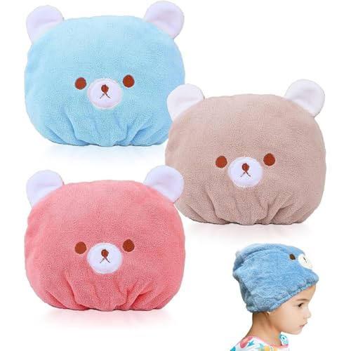 VIDSTW 3 Stück Mikrofaser Handtuch Haare Handtuch Kinder Haarturban Wasserabsorbierend Haarhandtuch Cartoon Süßes Turban Handtuch Schnelltrocknende für Frauen Mädchen Kinder (Rosa, Blau, Braun)