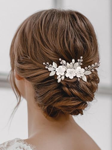 Vakkery Blume Braut Hochzeit Haarkamm Silber Braut Kopfschmuck Kristall Hochzeit Haarschmuck für Damen und Mädchen