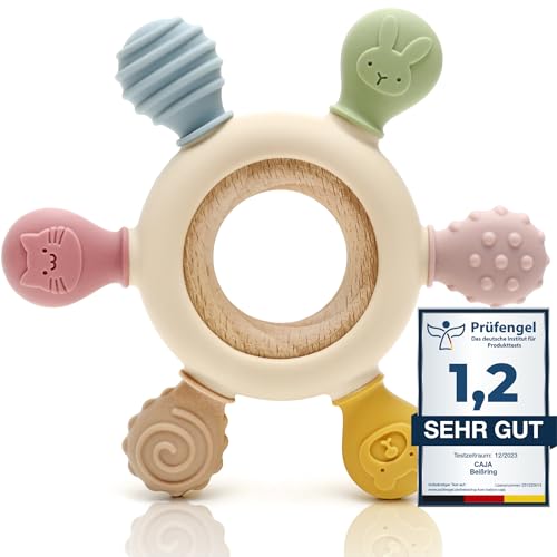 CAJA Beißring Baby - Beißspielzeug - Zahnungshilfe - Beissring - Ruder Tiermotiv aus Silikon und Holz, BPA-frei - Zahnen und Greifling Nursing für Babys (complexion)