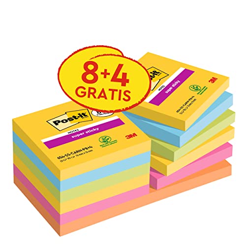 Post-it Super Sticky Notes Carnival Collection, Vorteilspackung mit 8 Blöcken + 4 Gratisblöcke, 90 Blatt pro Block, 76 mm x 76 mm, Gelb, Blau. Grün, Pink. Orange - Extra-stark klebende Notizzettel