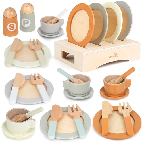 Dreamon Kinderküche Zubehör Teeservice Kinder Holz, 27 PCS Puppengeschirr Kinderküche Spielküche Zubehör Kinder, Grün Grau