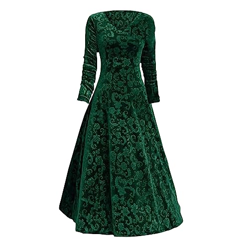 Skang Damen Lange Langarm Abendkleid Maxi V-Ausschnitt Samt Party Kleid Elegant Kleid A-Line Swing Cocktail Festlich Midilang Kleid Partykleid Cocktailkleid für Hochzeit