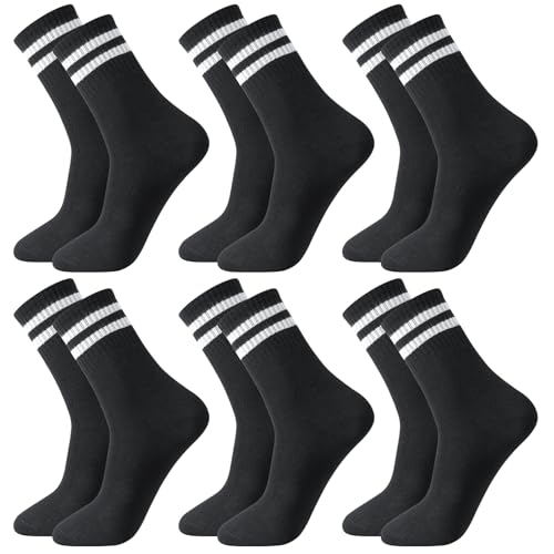 taonganui 6 Paare Herren Socken Sportsocken Tennissocken Sport Socken Männer 43-46 Baumwolle Socken mit Streifen, Schwarz