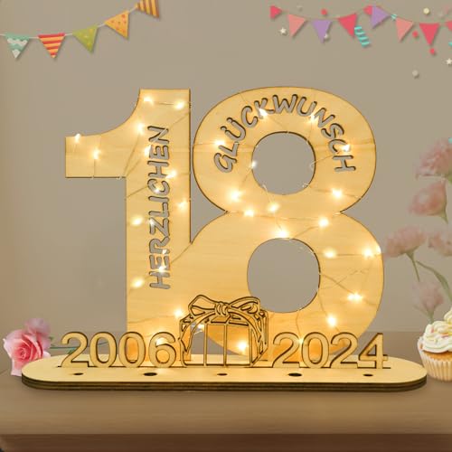 Seutgjie 2024 Geldgeschenke Geburtstag 18 Geburtstagszahlen Holz Schild Gästebuch mit LED Lichterkette Ständer und Kerzenhalter für 18 Jahre Mann Frau für Hochzeit Jubiläum Tischdeko (2024-18)