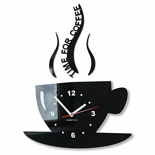 FLEXISTYLE Tasse Zeit für Kaffee Moderne Küche Wanduhr, schwarz, 3D römisch, wanduhr deko, 32 x 19 cm