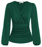 Damen V-Ausschnitt T-Shirt Langarm Einfarbig Slim Fit Plissee-Tops Tunika Blusen CL1341A22-06_0XL