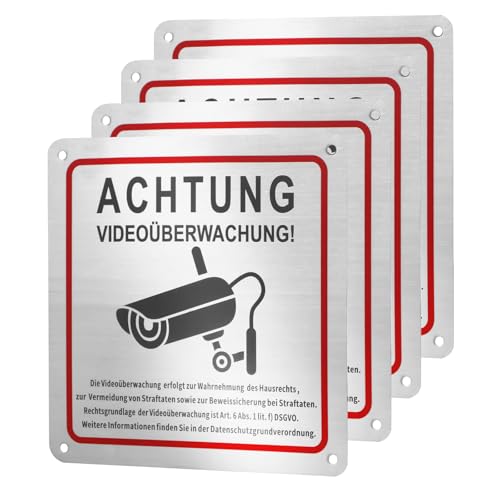 Videoüberwachung Schild - Schild Kameraüberwachung 4 Stück - 15x15 cm - Achtung Videoüberwachung Hinweis - extra starke selbstklebende Folie - ideal für Privatgrundstücke und Kameramonitoring