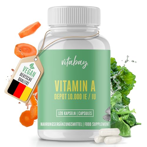 Vitabay Vitamin A Hochdosiert Kapseln VEGAN - 120 Vitamin A Retinol Kapseln 10000 IE - Vitamine A für Augen, Haut & Immunsystem - Retinol Vitamin A Tabletten - Vit A Vitamin A Vegan & Laborgeprüft