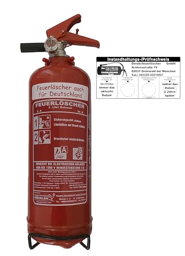 Brandengel® 2 L Schaum Feuerlöscher EN 3 Manometer Halterung Messingarmatur Sicherheitsventil, 5 A, 34B (Mit Prüfnachweis u. Jahresmarke) Küche Haushalt Gastro Hotel